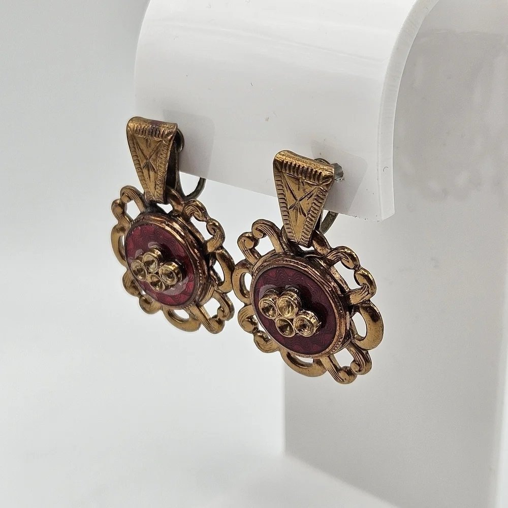 VINTAGE Victorian Style Gold Tone Dangle Earrings Screw Clip Back MCM